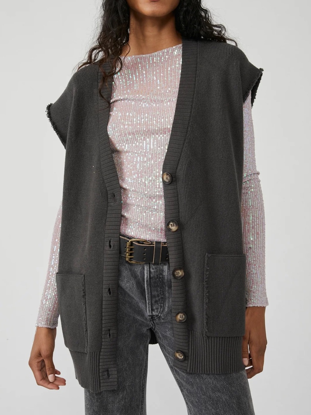 Free People Oakleigh Vest Size Small Ribbed Sweater Cardigan Gray Button Down